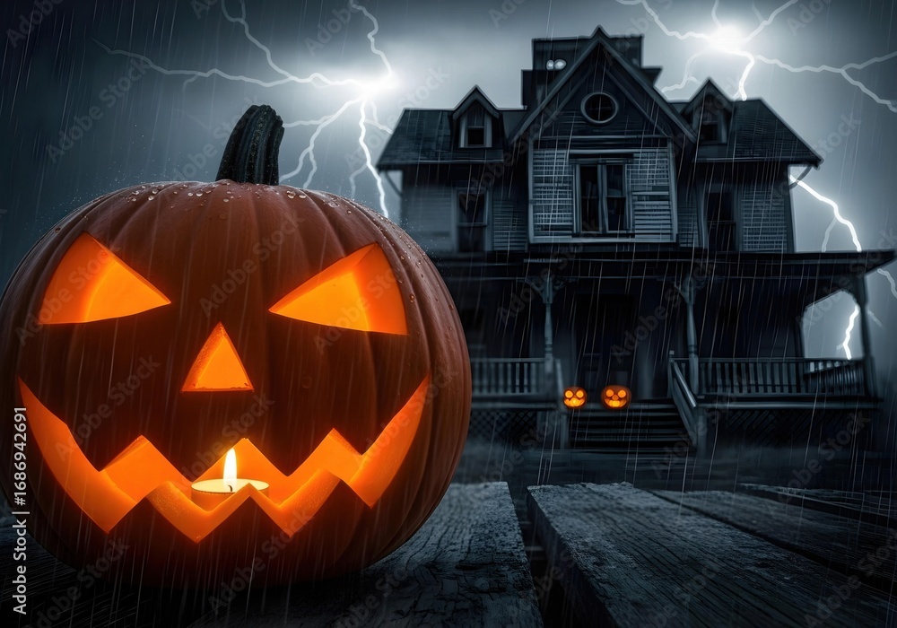 Obraz premium A jack o lantern pumpkin halloween spooky haunted house lightning stormy night glowing scary face create chilling halloween atmosphere with glowing jack o lantern front of haunted house during