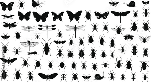 Black silhouette vector set of various insects and small creatures, including butterflies, beetles, dragonflies, snails, showcasing wildlife diversity and nature