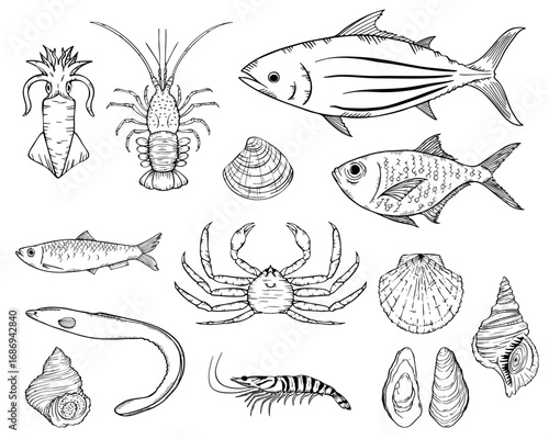 黒いペンで描いた魚介類