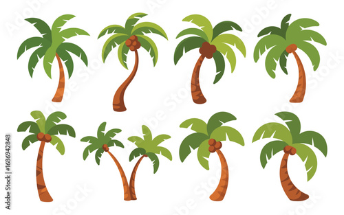 Collection of stylized cartoon palm trees in various shapes and sizes