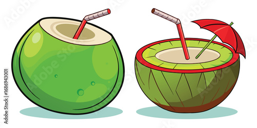 Cartoon Coconuts with Straws and Red Umbrella Tropical Getaway Beverage Refreshment Summer Vacation Beach Vibe Quench Thirst Delicious Exotic Fruit