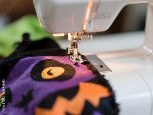 A sewing machine stitching colorful halloween costume fabric with pumpkin and moon patterns, close up view, creative and festive atmosphere, textile crafting