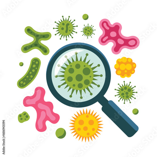 Magnifying glass reveals colorful cartoon viruses and bacteria under microscope