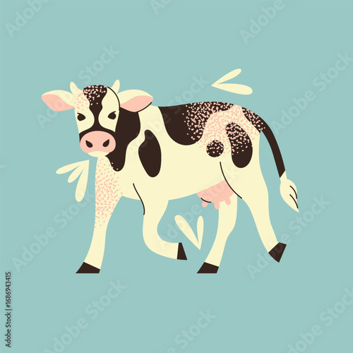 Cute black and white cow vector illustration. Spotted farm animal, dairy livestock, cartoon character. Flat graphic element for dairy farm, agriculture concept