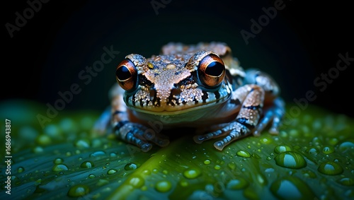 Close up of a frog on a leaf with water droplets in a dark environment setting