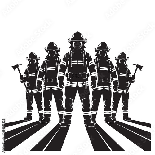 A team of five firefighters standing together isolated on white background