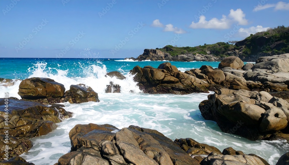 Obraz premium Coastal rocks, turquoise waves