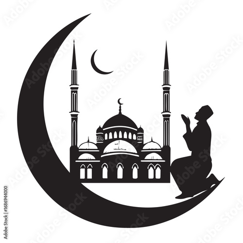 Silhouette of a mosque with crescent moon isolated on white background