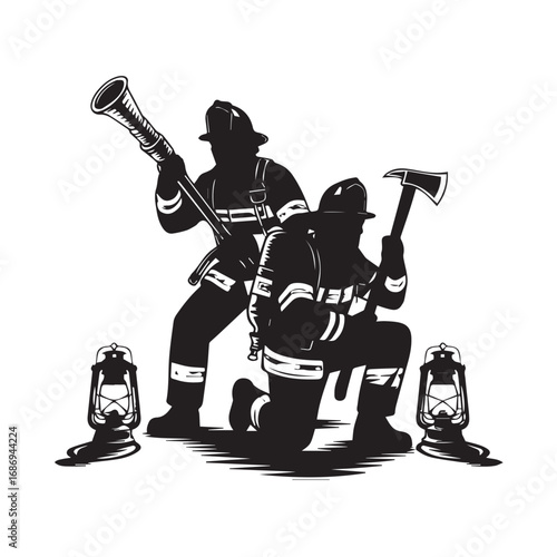 Silhouette of two firefighters with equipment isolated on white background