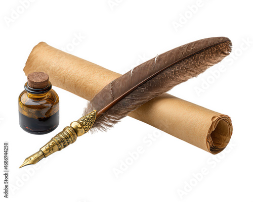 Vintage quill pen ink bottle parchment rolled paper antique writing tool feather golden detail historical classic elegant creative inspiration