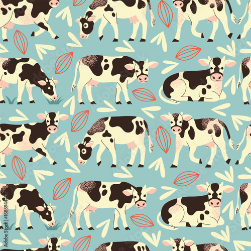 Seamless pattern cows different poses standing, grazing, and lying down cute farm. Dairy farming and agriculture concept. Flat vector illustration.