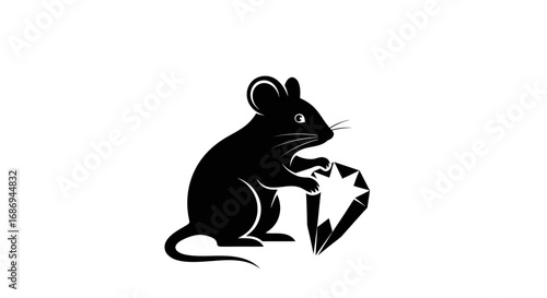 Black silhouette of a mouse holding a precious diamond.