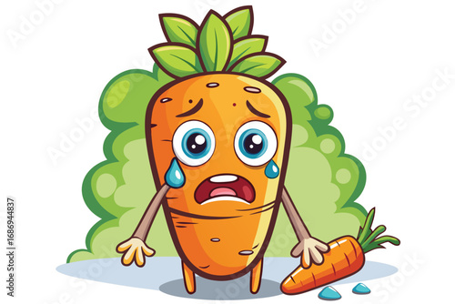 Upset Carrot Cartoon Character Crying with a Broken Body, Sad and Emotional Carrot with Tears and a Green Background