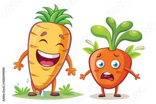 Two Cartoon Carrots Expressing Different Emotions with Visible Body Language and Unique Designs Standing in a Fun, Colorful Style