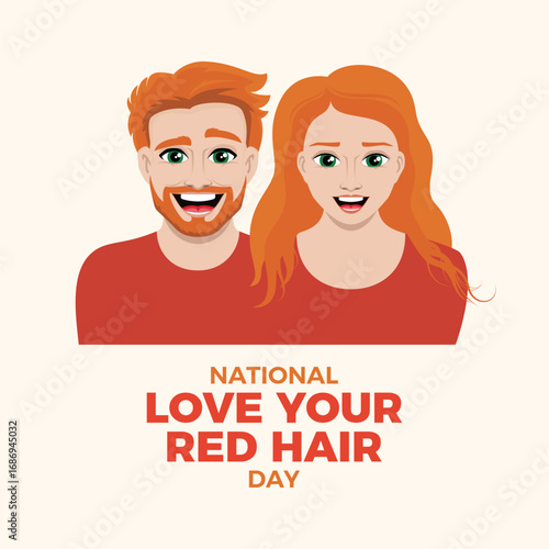 National Love Your Red Hair Day poster vector illustration. Happy ginger man and woman icon. Smiling redhead couple drawing. Template for background, banner, card. November 5. Important day