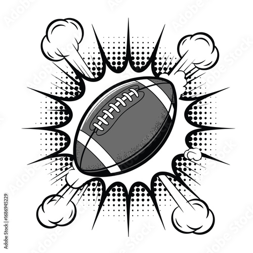 Black and white bold comic-style vector of American football ball with BOOM outline for sports, action, and dynamic graphic design