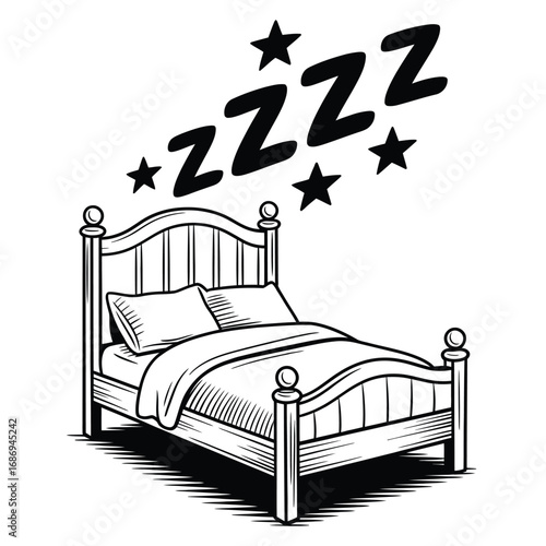 Black and white bold comic doodle vector of a simple bed with stars and Zzz above for sleep, rest, and relaxation design