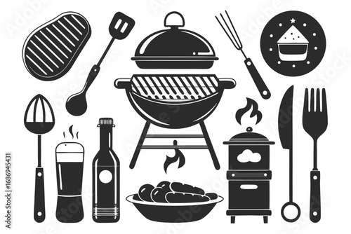 Barbecue Celebration Vector Graphic Assortment Featuring Grill Utensils and More for Summertime Picnics and Outdoor Gatherings
