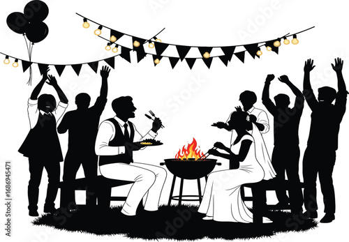 Silhouette Wedding Party Grilling Food With Balloons And Lights White Background barbecue
