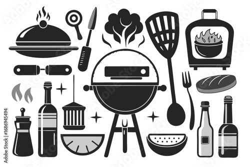 Barbecue Celebration Vector Graphic Assortment Featuring Grill Utensils and More for Summertime Picnics and Outdoor Gatherings