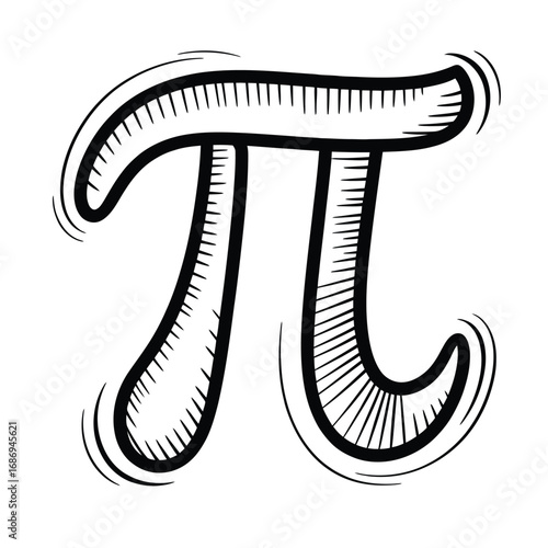 Black and white hand-drawn doodle vector of Pi symbol with quirky spiral accents for math, education, and STEM graphic design