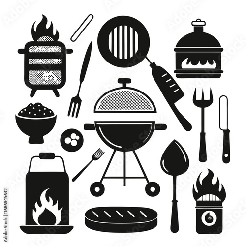 Barbecue Celebration Vector Graphic Assortment Featuring Grill Utensils and More for Summertime Picnics and Outdoor Gatherings