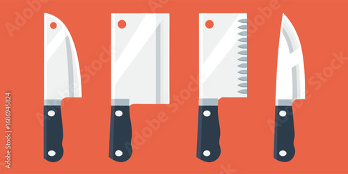 Assortment of Kitchen Knives Displayed on a Reddish Background, Featuring Butcher Knives, Serrated Knives, and a Chef's Knife