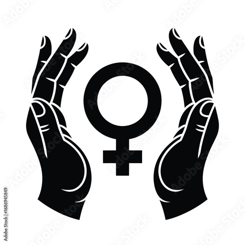 Black and white flat minimal vector of two hands forming a circle around Venus symbol for feminism, equality, and empowerment
