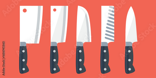 Assortment of Kitchen Knives Displayed on a Reddish Background, Featuring Butcher Knives, Serrated Knives, and a Chef's Knife