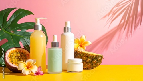 Colorful skincare display on yellow shelf with tropical leaves — vibrant self-care aesthetic on pink-yellow split backdrop.