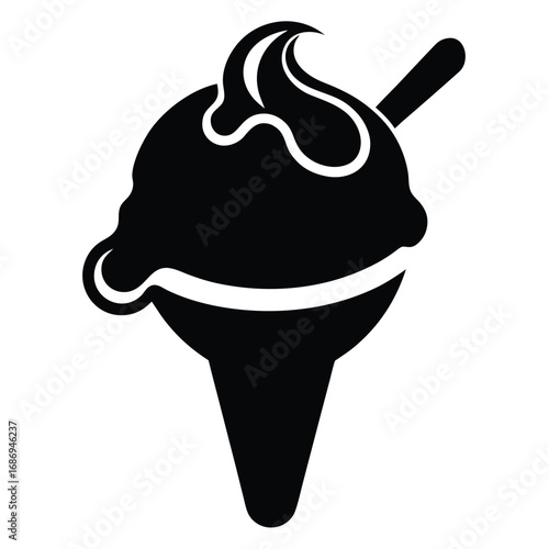 Black and White Vector Cartoon Ice Cream Sundae with Toppings and Chocolate Drizzle, a Treat for the Eyes and the Taste Buds