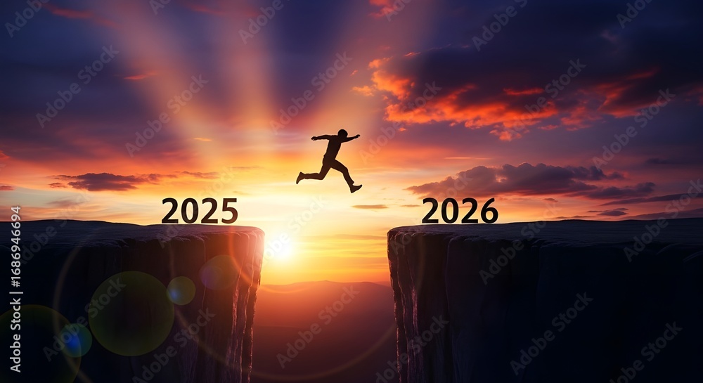 Fototapeta premium person jumping between years 2025 and 2026 over cliff, silhouette, sunset, dramatic sky, bold colors, cinematic, photorealistic