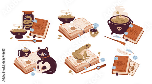 Gothic Halloween set with black cat, frog, wizard, crystal ball, and ritual symbols. Cauldron, potion, spellbook, and witchcraft elements. Spooky vector.