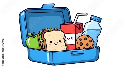 Adorable cartoon lunchbox packed with a smiling sandwich, apple, cookie, juice, and water for kids