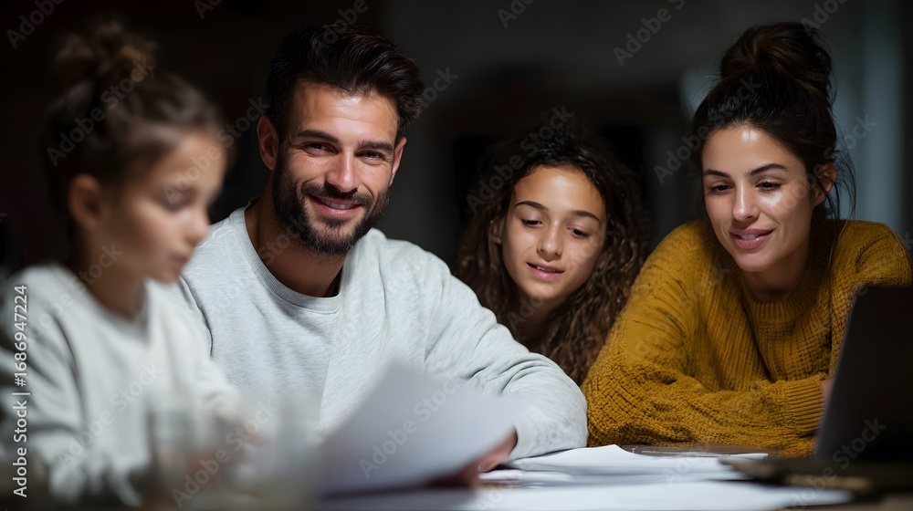 Obraz premium A family gathers around a table reviewing papers and a laptop in a moment of shared planning