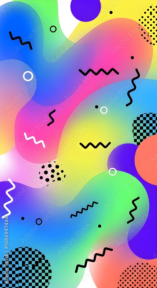 Fototapeta premium Vibrant abstract flowing shapes with playful geometric elements create dynamic modern design background