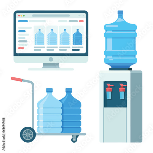 Water cooler delivery and online ordering concept with computer screen