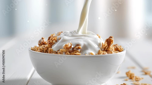 Milk yogurt white color pour into white glass bowl close-up. Stream of cream falling into bowl. Dairy products. Fresh pasteurized cream pouring into bowl to combine with granola for breakfast