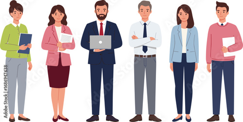 Business team illustration with professionals, office workers, teamwork, corporate staff, managers, employees, collaboration, meeting, diversity, success, leadership, career, company, workplace.