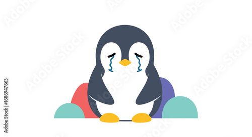 A sad little penguin crying tears of emotion surrounded by colorful abstract shapes and forms