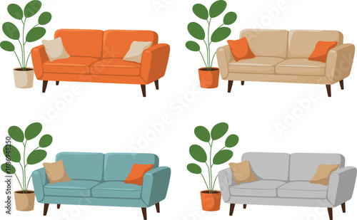 Mid-century modern sofa and plant vector set – flat interior illustration in retro style with different couch colors and decor