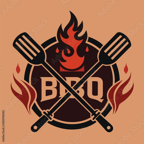 Bold and Fiery BBQ Emblem Design Featuring Crossed Spatulas Fire and the Letters BBQ Set Against a Warm Background