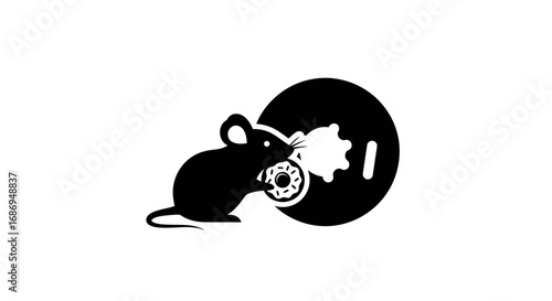 Silhouette of a mouse or rat gnawing on a mechanical gear.