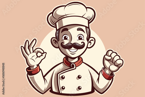 Vintage Cartoon Chef Character Making Okay Sign with a Mustache and Chef Hat in Monochrome Vector Illustration