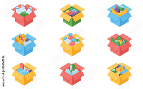 Collection of colorful open gift boxes filled with various items