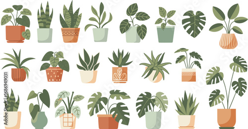 Minimalist vector illustration of 20 indoor potted houseplants, modern flat design clipart for botanical decor, gardening, home projects
