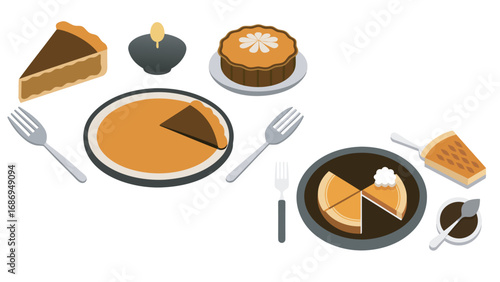 Thanksgiving Vector Set with Turkey, Pumpkin Pie, and Family Dinner Icons, Autumn Holiday Feast Illustrations