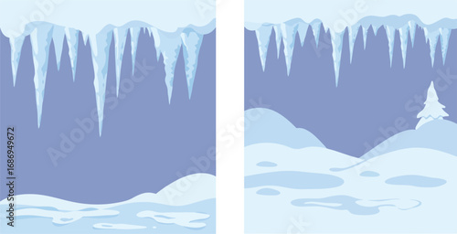 icy landscape with hanging icicles and snow covered ground