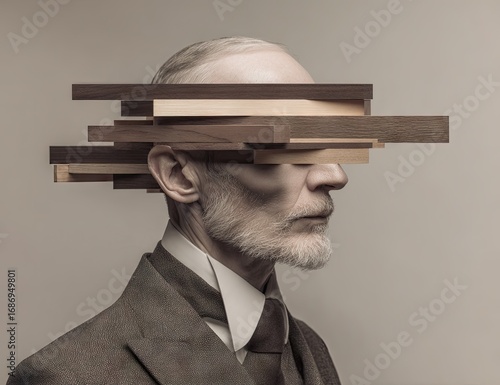 Surreal conceptual portrait of an elderly man with obscured vision from wooden planks.
