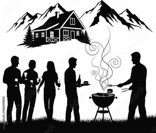 Silhouette of people at a mountain barbecue with a house and snowy peaks vector illustration